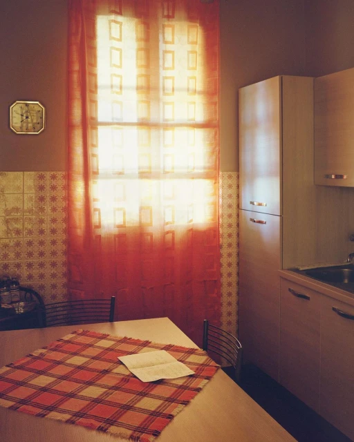 Indoor scene with a table covered by a red-and-beige tablecloth, a window with an orange curtain, and kitchen cabinets.