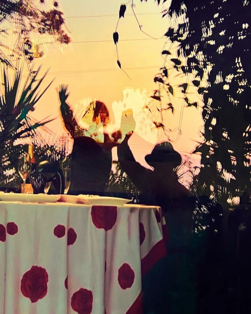 Two figures raising glasses at an outdoor table with floral tablecloth under tree branches against a sunset sky.