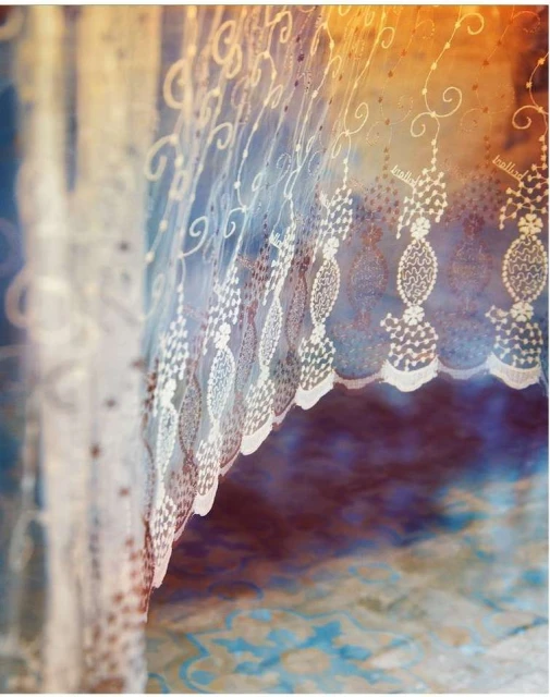 Close-up of a sheer white lace curtain with a delicate, ornate pattern, casting soft shadows on a blue and brown patterned surface.