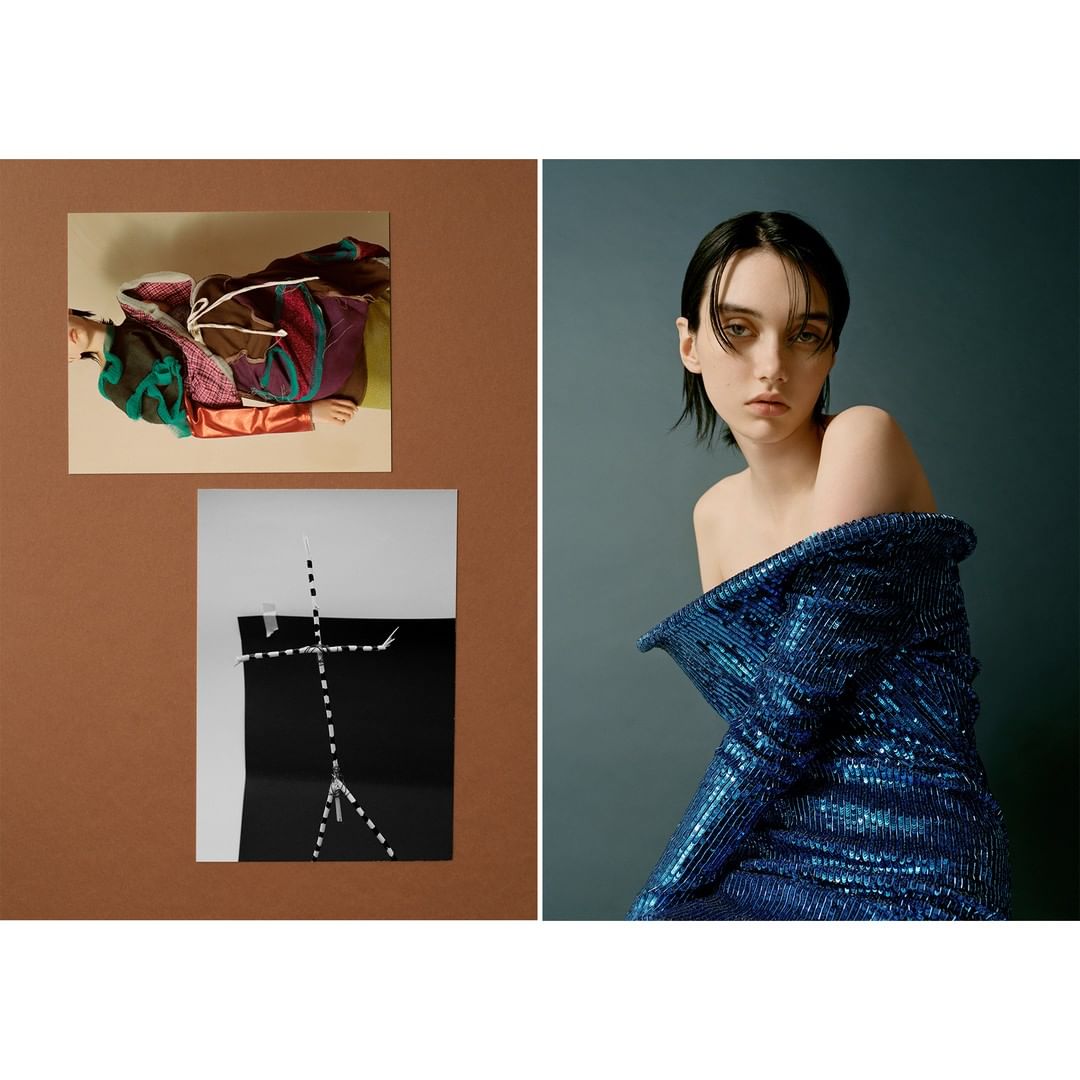 Fashionable portrait of a young adult female in a blue sequined dress, styled hair, and brown background, alongside design photos.