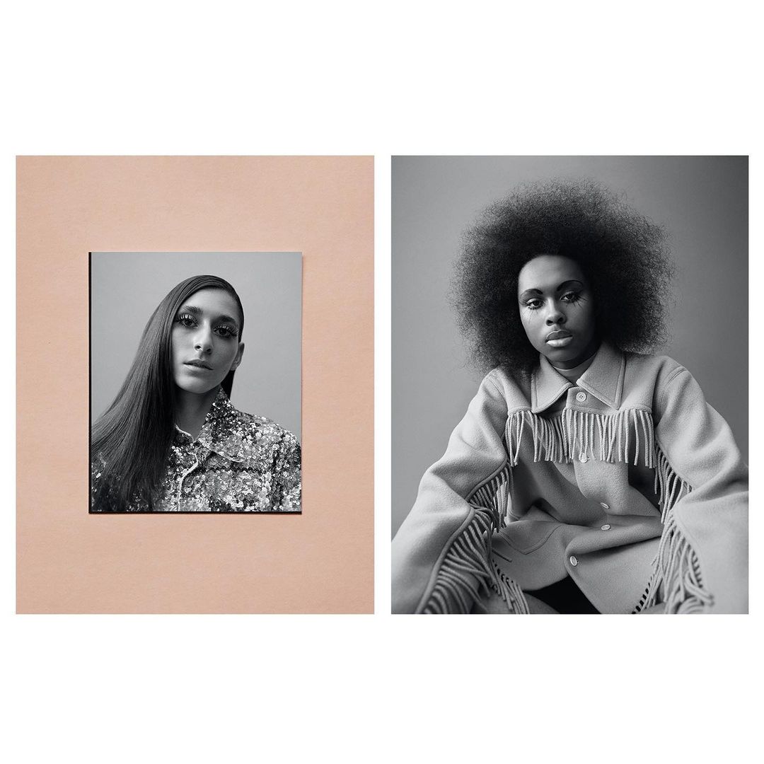 Two portraits feature models in high fashion. One wears a shiny top and sleek hair; the other sports a fringed jacket and voluminous Afro.