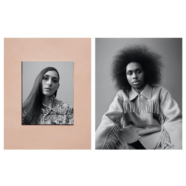 Two portraits feature models in high fashion. One wears a shiny top and sleek hair; the other sports a fringed jacket and voluminous Afro.