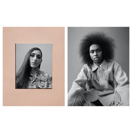Two portraits feature models in high fashion. One wears a shiny top and sleek hair; the other sports a fringed jacket and voluminous Afro.