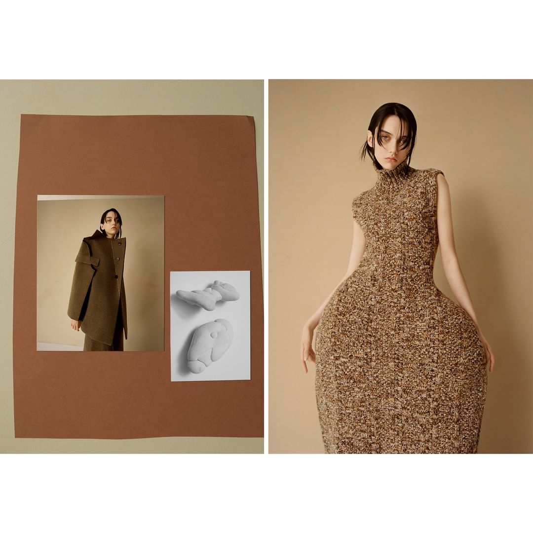 A split image shows a woman in a dress and a collage of a woman in an outfit and two clay forms on brown and beige backgrounds.