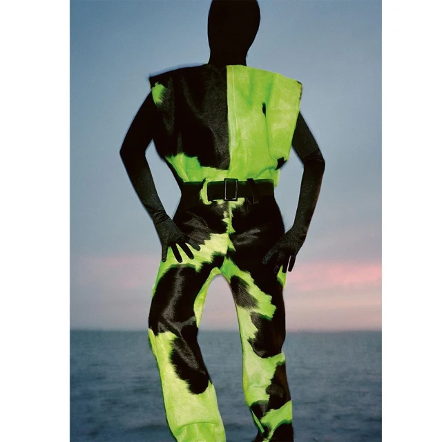 Person in black bodysuit and gloves poses wearing bright green and black patterned vest and pants against an ocean and dusk sky background.