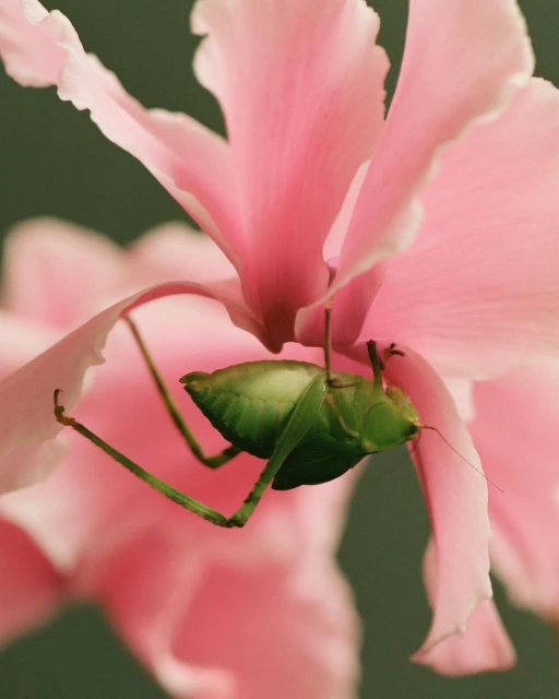 Macro photo of a green grasshopper resting on a vibrant pink cyclamen flower, showcasing nature's intricate details and delicate beauty.