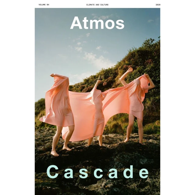 Three women in peach dresses stand on rocks under the sky, part of a magazine cover with text "Atmos" and "Cascade".