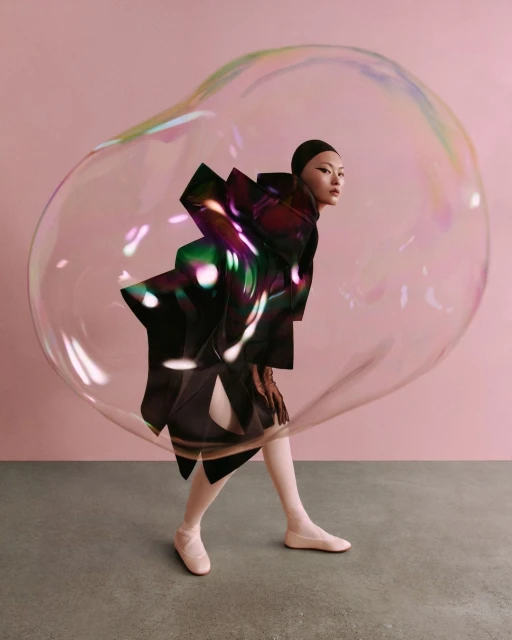Asian woman in avant-garde fashion poses inside a large iridescent bubble against a pink studio backdrop, showcasing unique style.