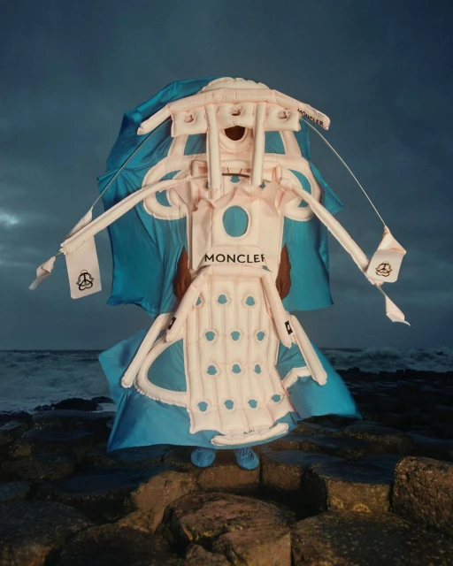 Person in Moncler fashion, posing on hexagonal basalt columns with ocean waves, against a stormy sky. Unusual Avant-garde style.
