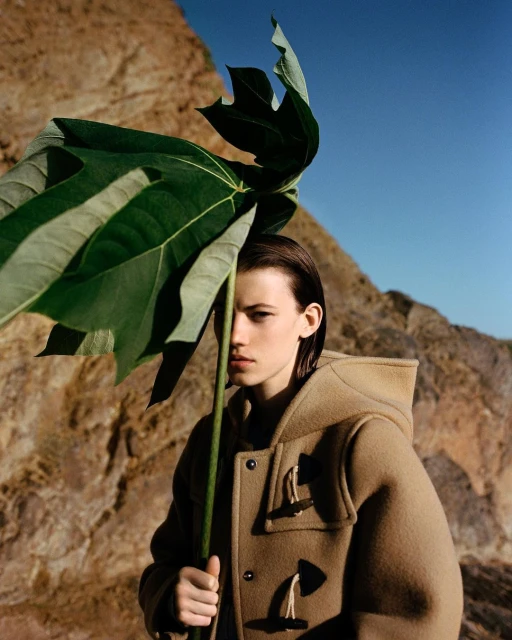 Woman in hooded duffle coat poses with large green leaf against a rocky cliffside and blue sky in an outdoor fashion shot.