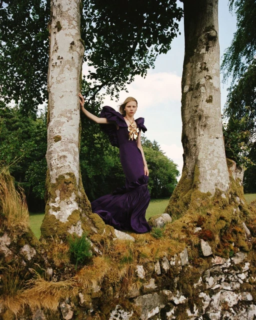 Fashion shot of a woman in a dark purple gown posing on a stone wall between two birch trees with a forest in the background.