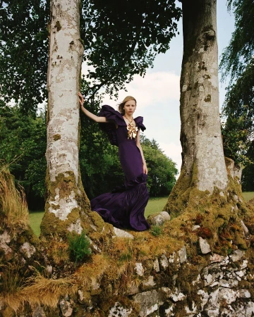 Fashion shot of a woman in a dark purple gown posing on a stone wall between two birch trees with a forest in the background.
