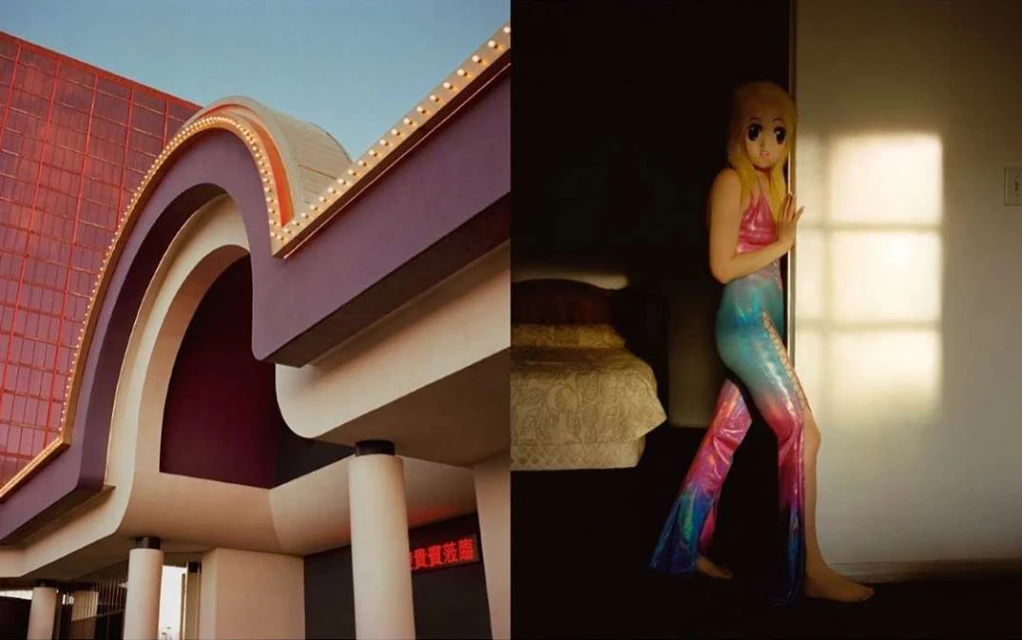 Visually striking split-screen: exterior of retro-style building with rounded architectural details contrasted with a model in an anime mask.