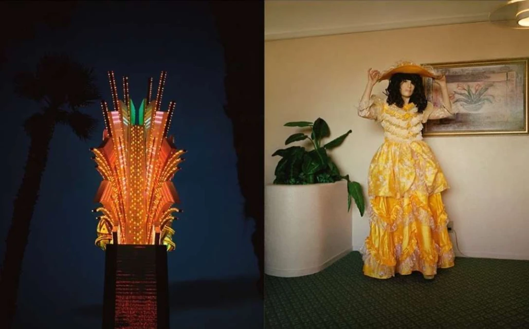 Art deco sign glows brightly at night next to palm tree; woman in frilly yellow gown poses in room with houseplant and framed art.