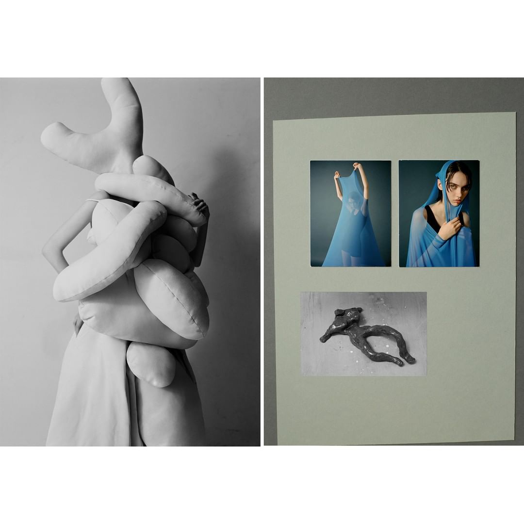 Art installation featuring a person in a white gown covered in oversized stuffed shapes, alongside a photo display with fashion portraits.