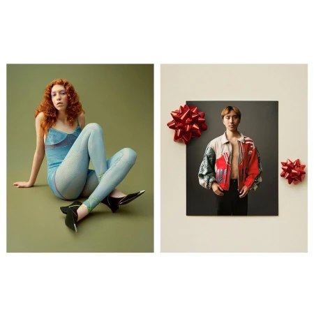 Two-panel fashion editorial image by Ben Toms featuring a seated red-haired woman in blue and a portrait of a man in a patchwork jacket.