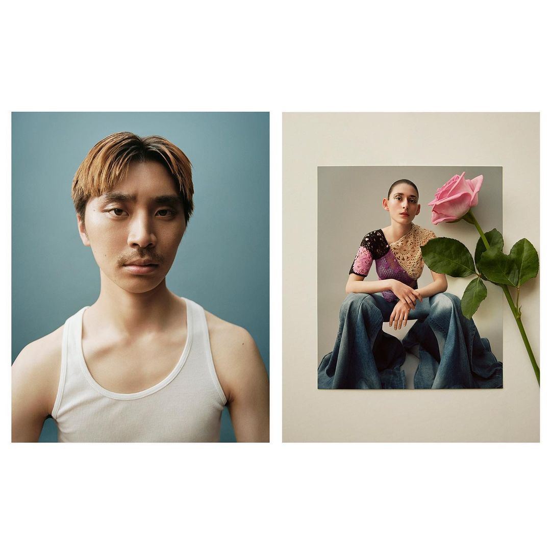 Two studio portraits: an Asian man in a white tank top and a Caucasian woman in a colorful top with a pink rose.