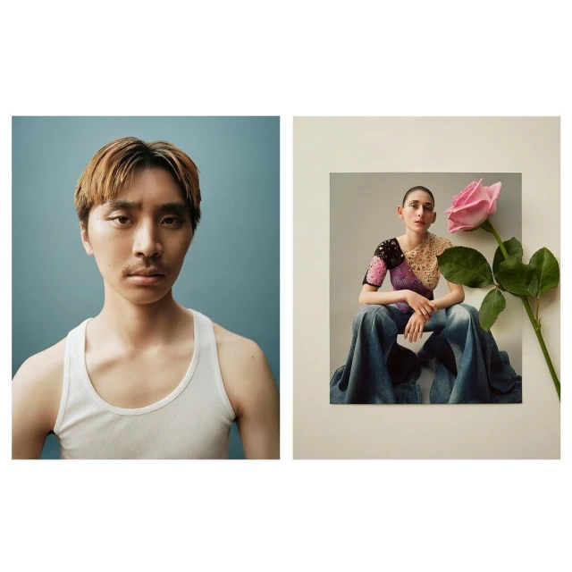 Two studio portraits: an Asian man in a white tank top and a Caucasian woman in a colorful top with a pink rose.