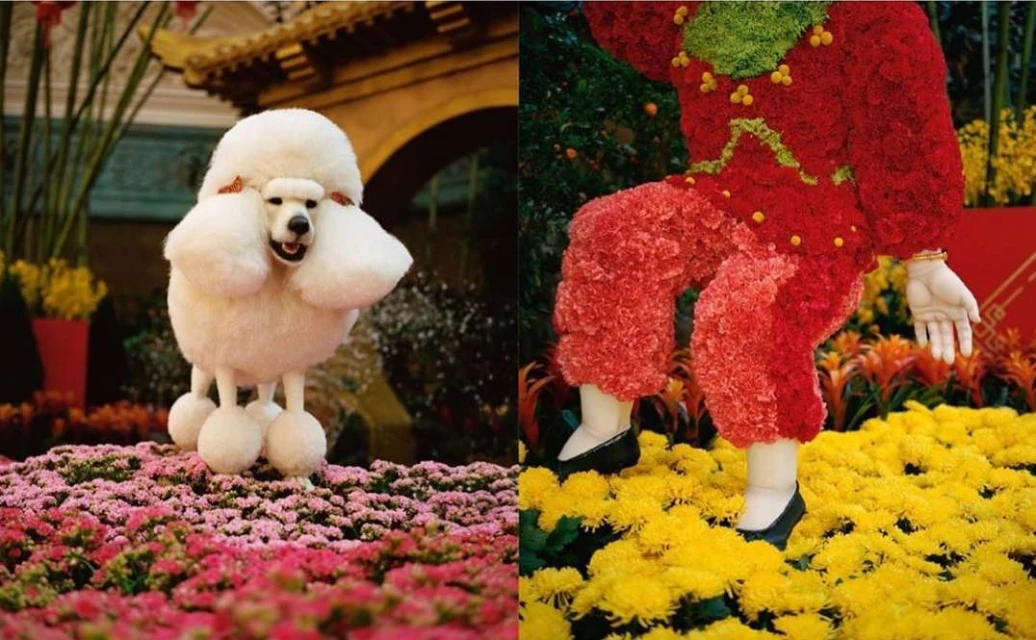 Floral topiary art installation featuring a white poodle dog and a person in red floral pants standing in a garden of flowers.
