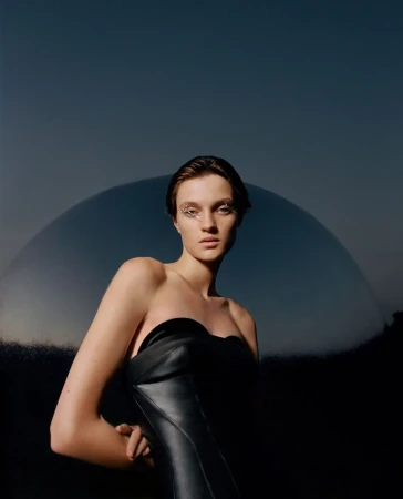 Model in strapless black leather dress posing in front of a large metallic sphere under an evening sky.