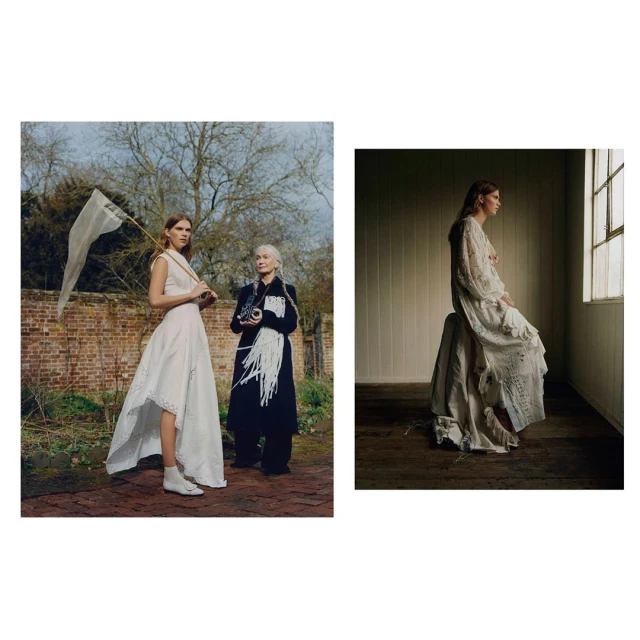 Two women pose outside on a brick path while another sits indoors by a window in a split-screen fashion editorial.