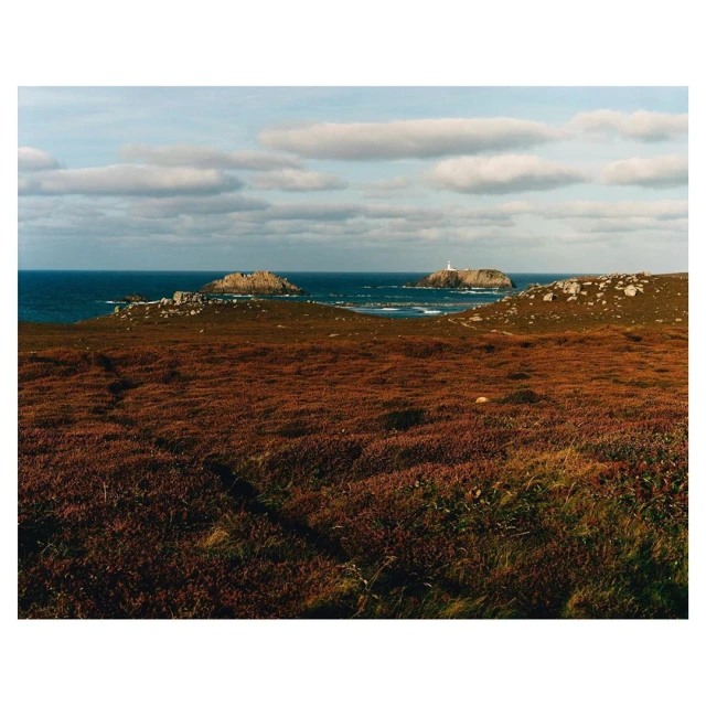 Coastal landscape featuring red coastal flora, turquoise sea, rocky islands, and a lighthouse under a partly cloudy sky.