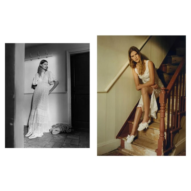 Two images of a woman in a light dress and sneakers, posing in an indoor setting with natural lighting and a minimalist aesthetic.