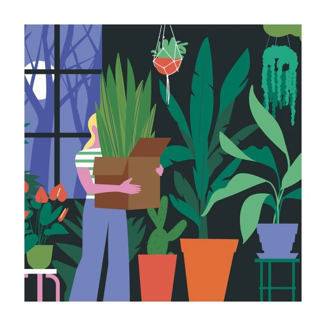 Illustration of a blonde woman carrying a cardboard box filled with plants in an indoor setting with many potted plants.
