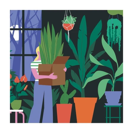 Illustration of a blonde woman carrying a cardboard box filled with plants in an indoor setting with many potted plants.