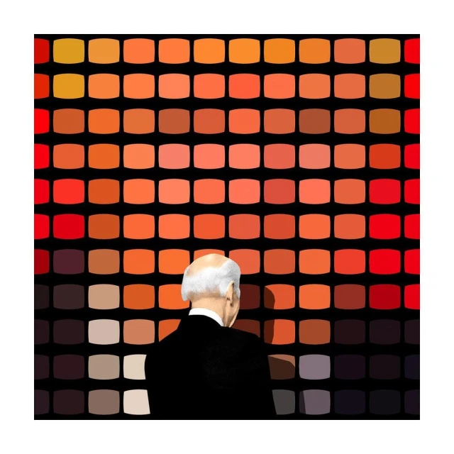 Back view of a man in a black suit looking at a colorful grid pattern on a wall, with shades of orange and brown.