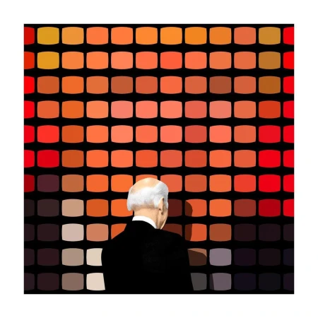 Back view of a man in a black suit looking at a colorful grid pattern on a wall, with shades of orange and brown.