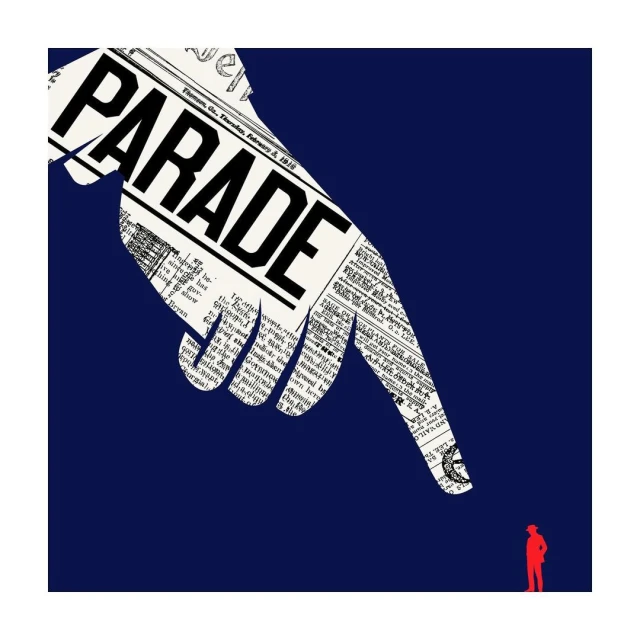 Illustration of a giant newspaper-textured hand pointing down at a tiny red silhouette of a person on a blue background.