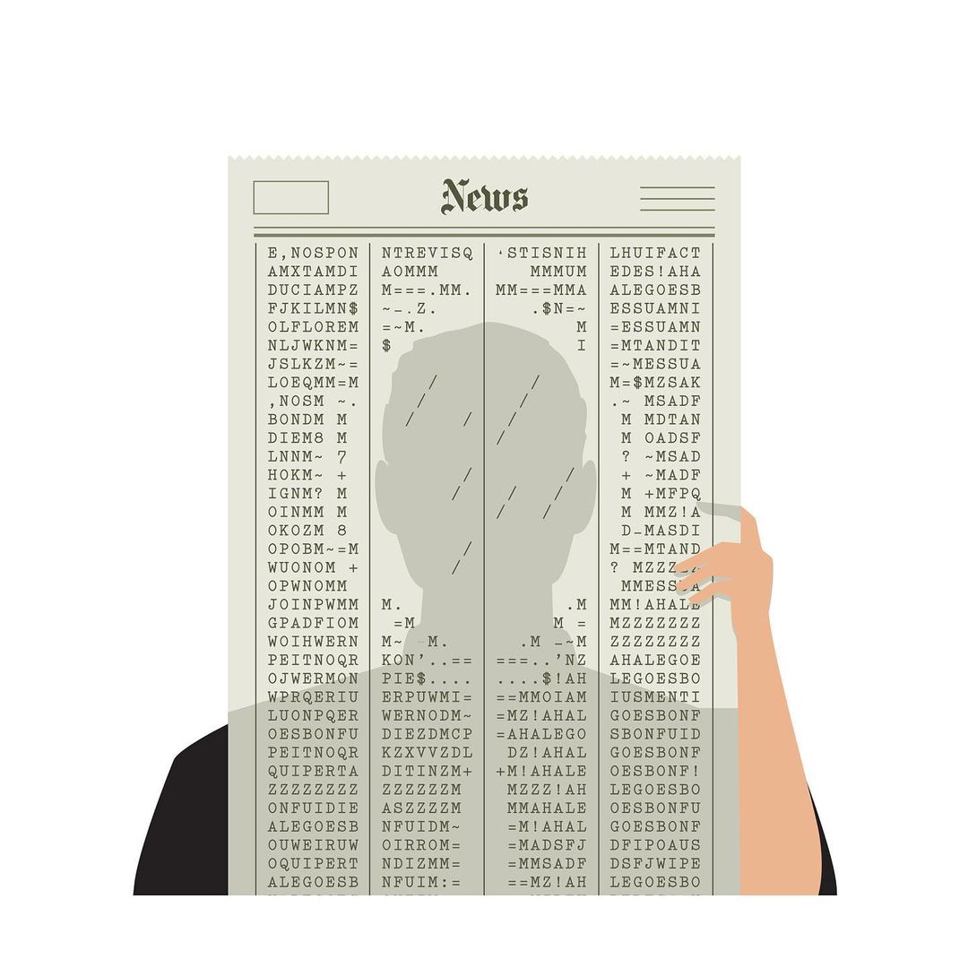 Person holding up newspaper with garbled text covering face, graphic illustration on white background. Conceptual and illustrative.