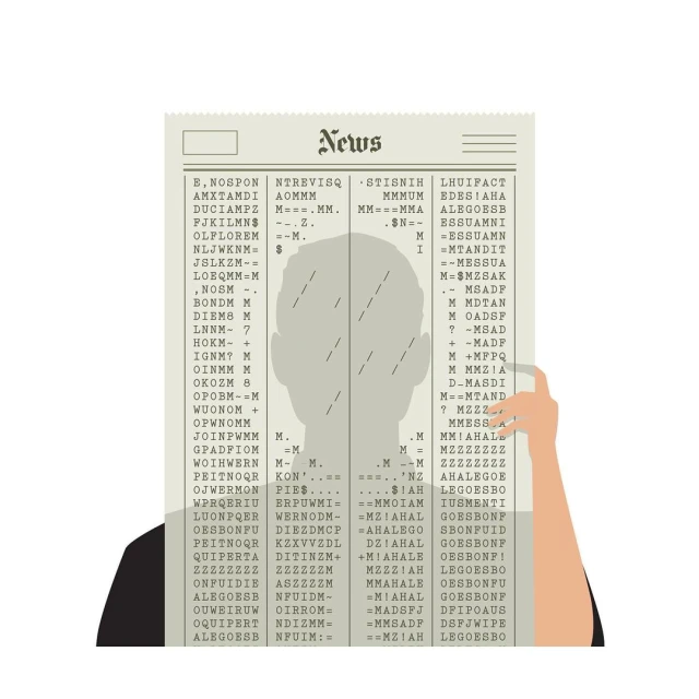 Person holding up newspaper with garbled text covering face, graphic illustration on white background. Conceptual and illustrative.