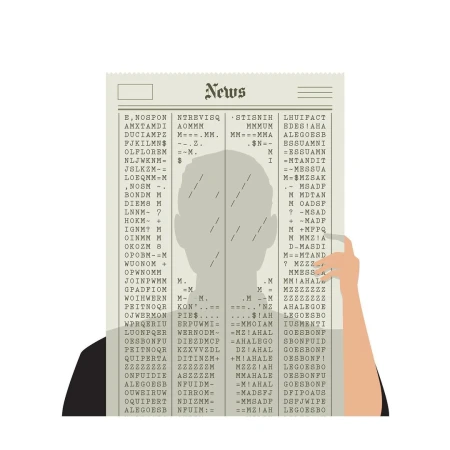 Person holding up newspaper with garbled text covering face, graphic illustration on white background. Conceptual and illustrative.