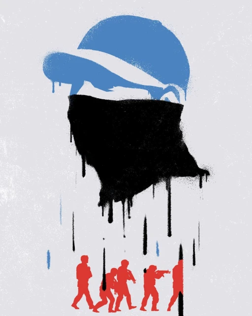 Stylized illustration of a person wearing a baseball cap and black mask above a group of silhouetted figures, rendered in shades of blue, red, and black.