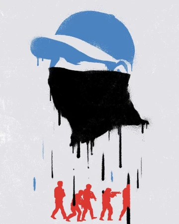 Stylized illustration of a person wearing a baseball cap and black mask above a group of silhouetted figures, rendered in shades of blue, red, and black.