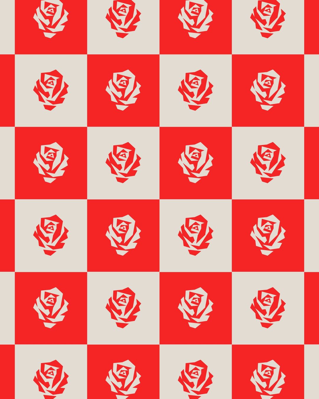 Seamless checkered pattern featuring stylized rose illustrations in alternating red and off-white square tiles, creating a bold, vibrant design.