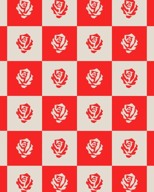 Seamless checkered pattern featuring stylized rose illustrations in alternating red and off-white square tiles, creating a bold, vibrant design.
