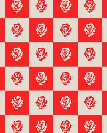 Seamless checkered pattern featuring stylized rose illustrations in alternating red and off-white square tiles, creating a bold, vibrant design.