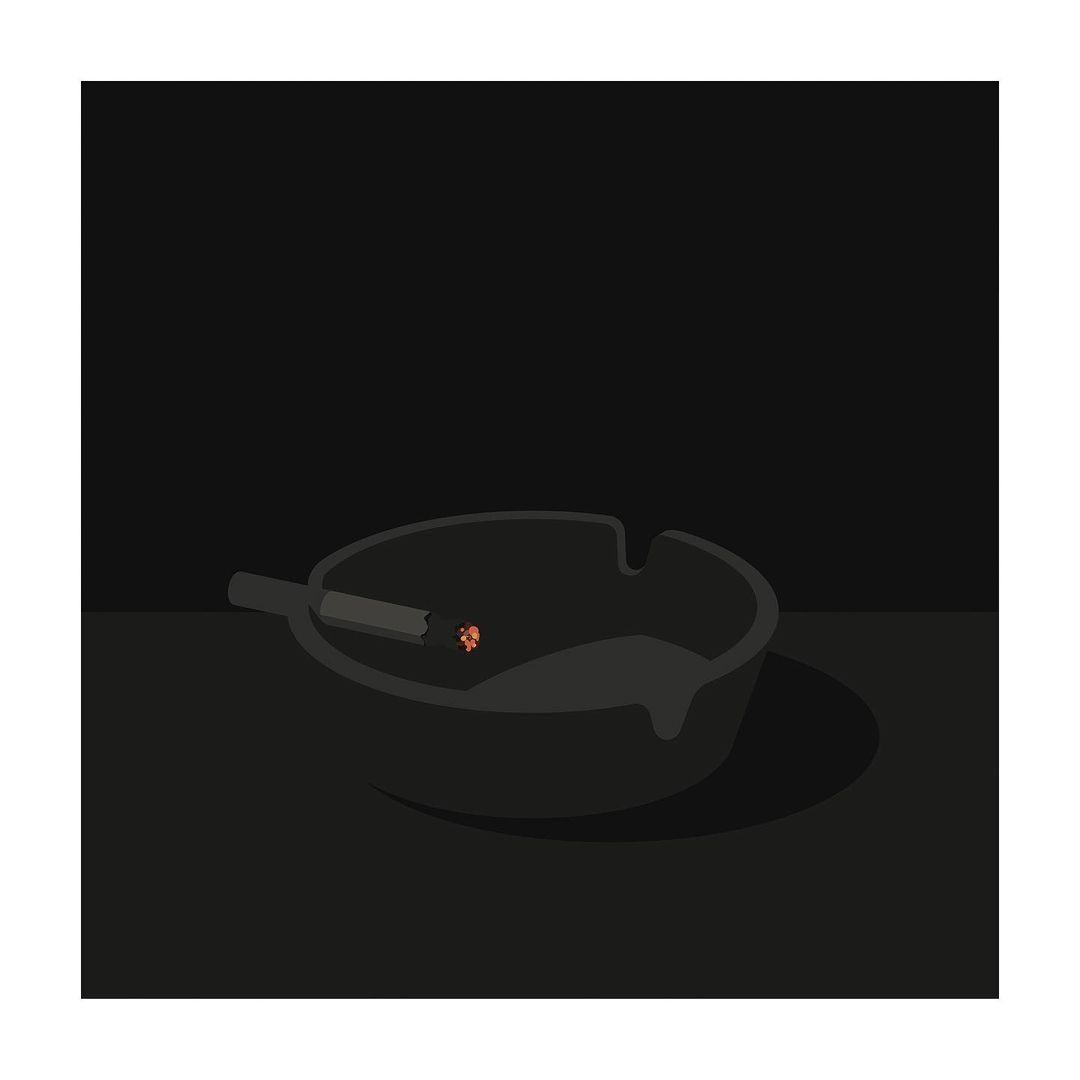 Monochromatic illustration of an ashtray holding a lit cigarette against a dark background.