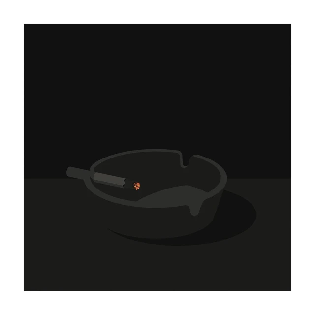 Monochromatic illustration of an ashtray holding a lit cigarette against a dark background.