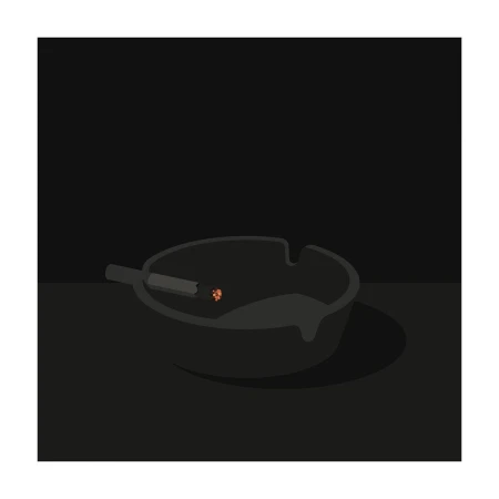 Monochromatic illustration of an ashtray holding a lit cigarette against a dark background.