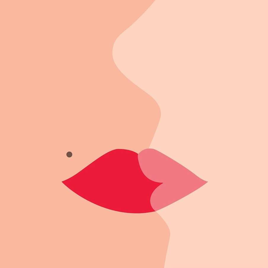 Illustration of a face with red lips and a mole on the cheek against a peach background, conveying beauty or skincare concept.