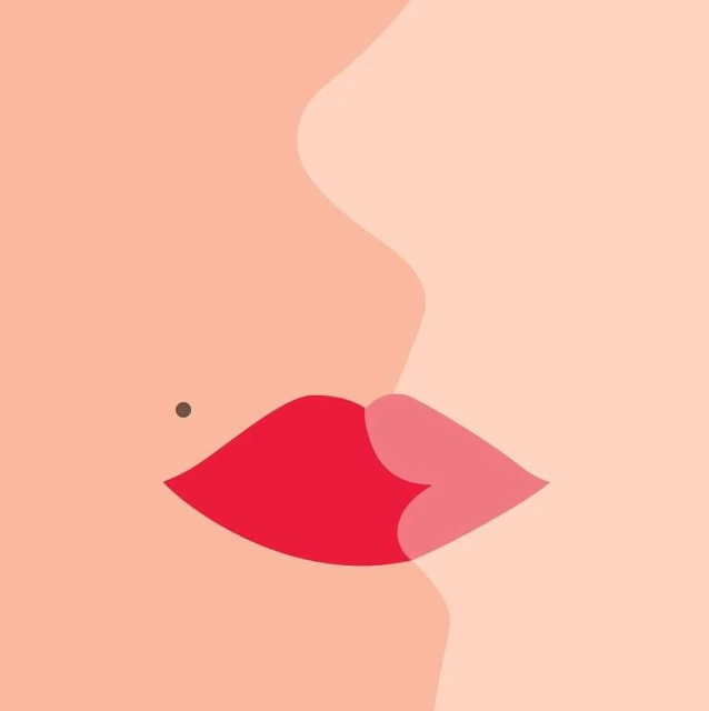 Illustration of a face with red lips and a mole on the cheek against a peach background, conveying beauty or skincare concept.