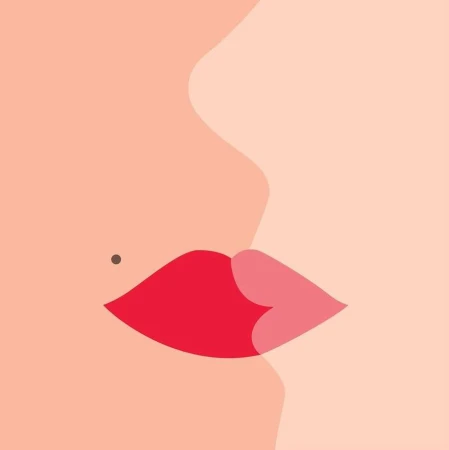 Illustration of a face with red lips and a mole on the cheek against a peach background, conveying beauty or skincare concept.