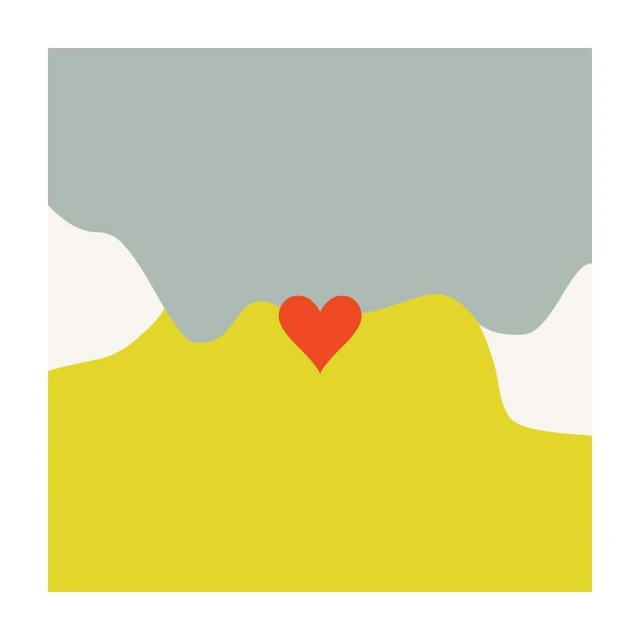 Abstract art featuring a red heart shape against a backdrop of gray and yellow land and sky, presented in a square format.