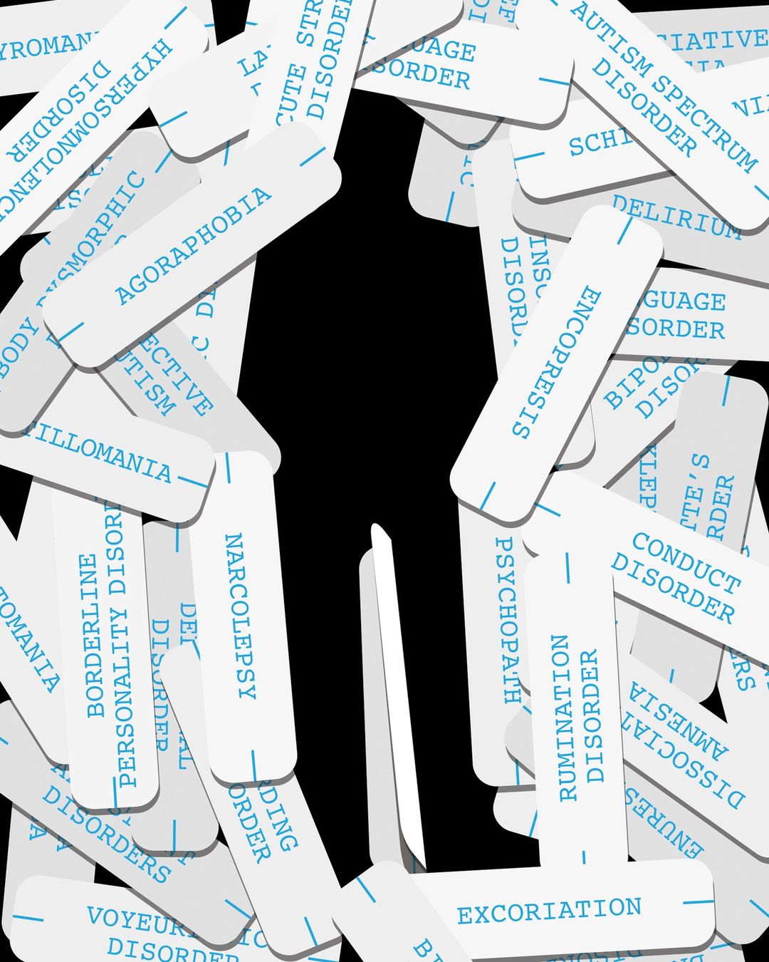 Silhouette of a person is surrounded by tags with mental health disorder names, creating a conceptual image about mental health.