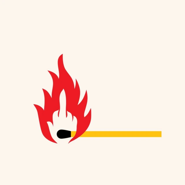 Stylized image of a matchstick with a red flame shaped like a hand giving the middle finger, set against a beige background.