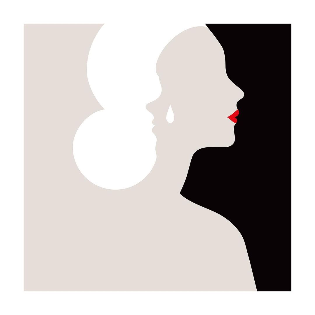 Stylized graphic art depicting two female profiles, one with a tear and red lipstick against a light grey and black background.
